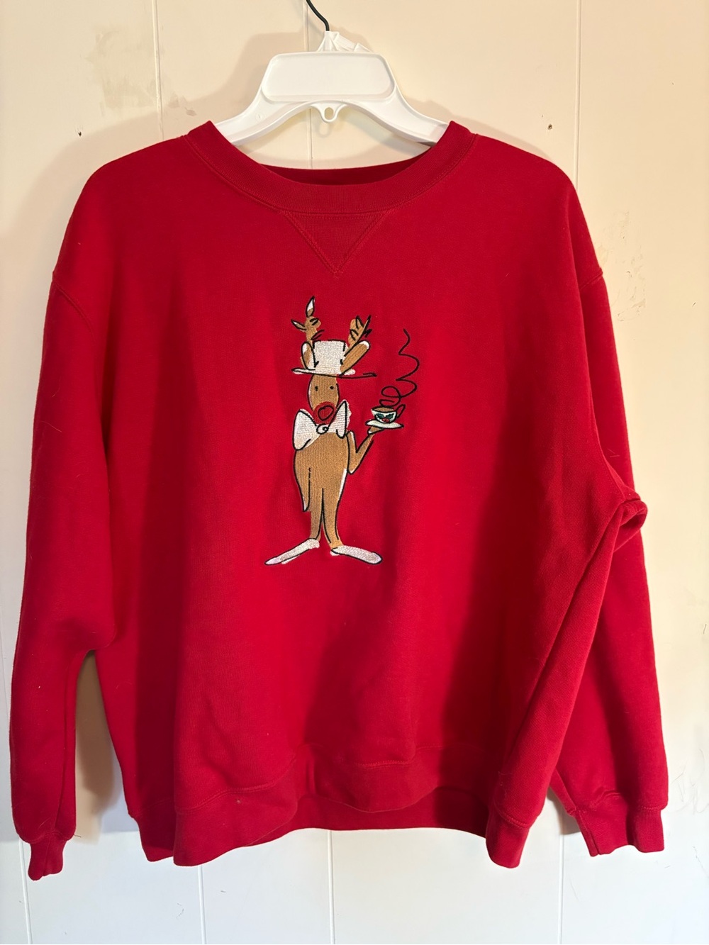 Vintage Christmas Rudolph Reindeer Crewneck Sweatshirt Embroidered Red Large Y2K